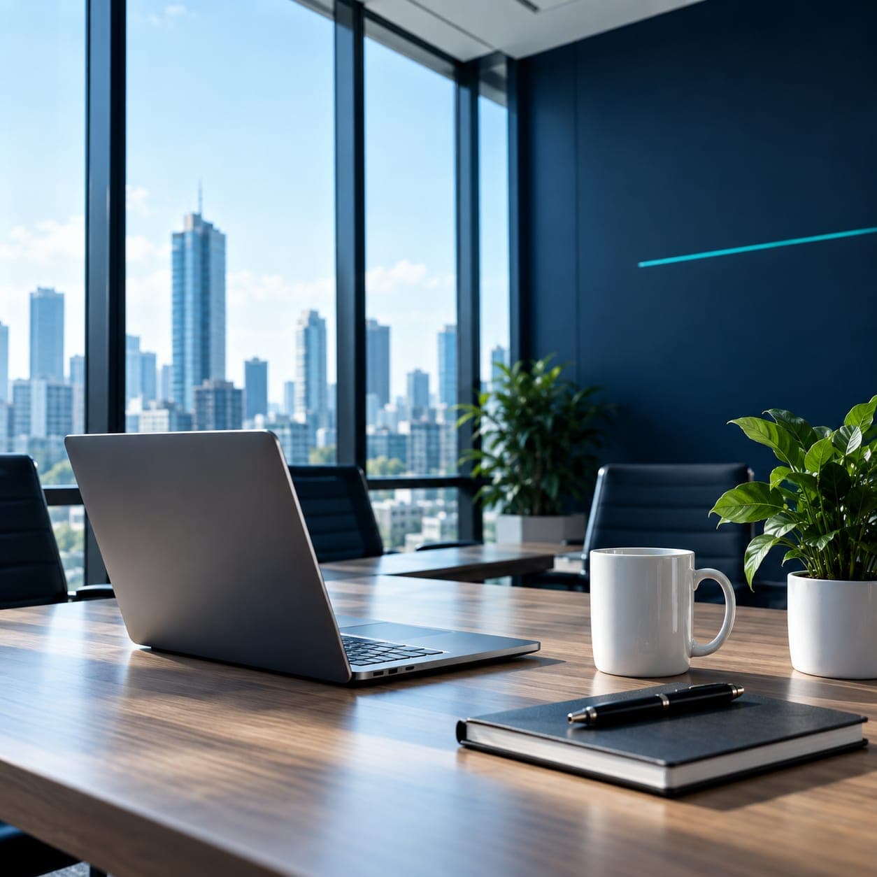 A meeting room with a laptop, mug and notebook on the table and a city skyline outside