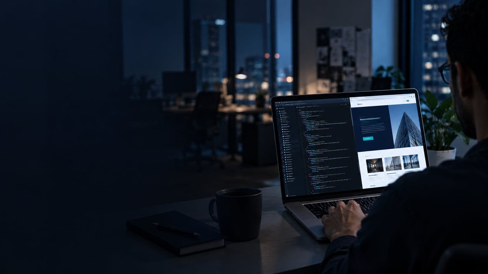 A developer at night with a laptop showing code and the finished website