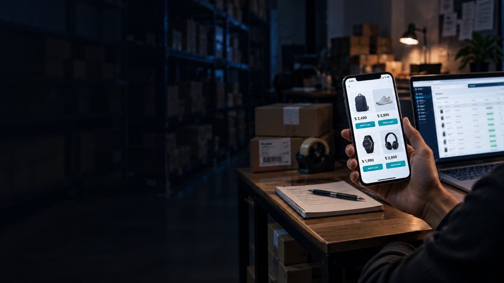 A person in a fulfilment room holding a phone with an online store open