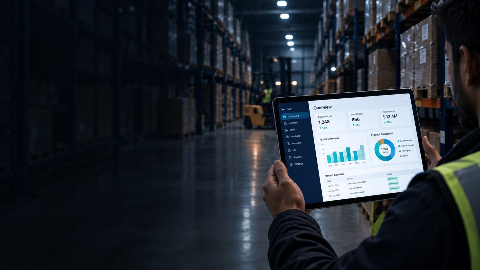 A warehouse manager holding a tablet with an ERP dashboard, racking behind