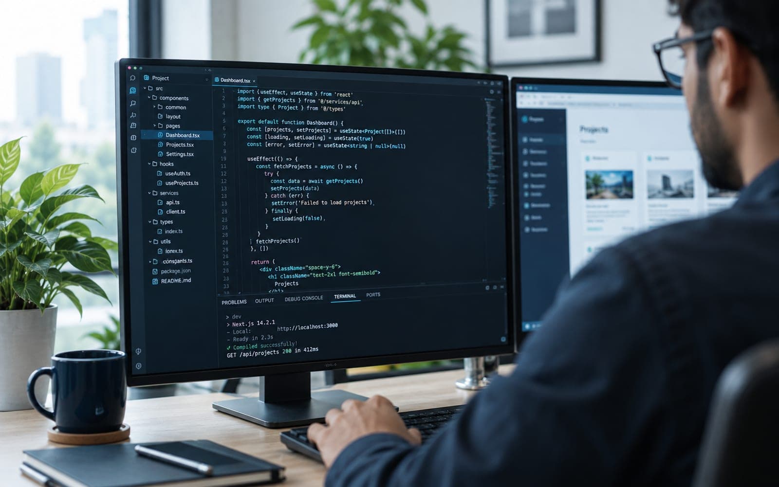 A developer writing code on a large monitor