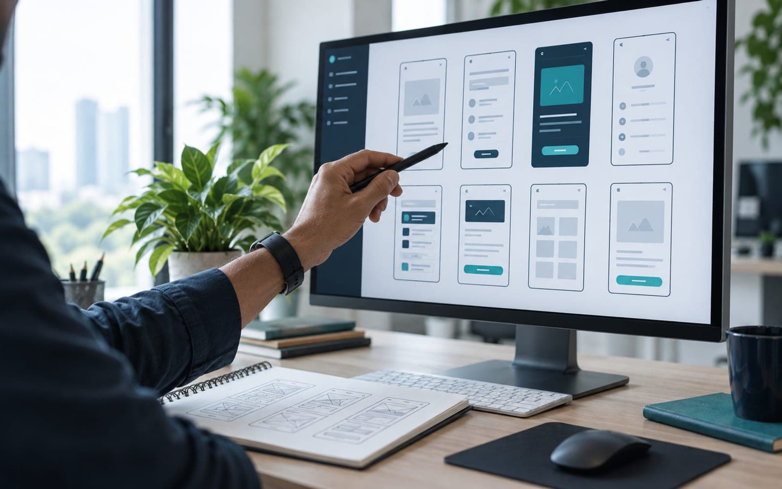 A designer pointing a stylus at wireframes on a monitor