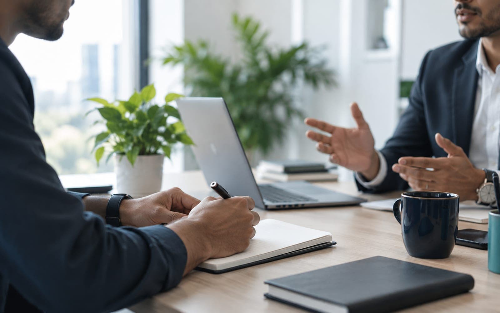 Two people at a meeting table, one explaining while the other takes notes